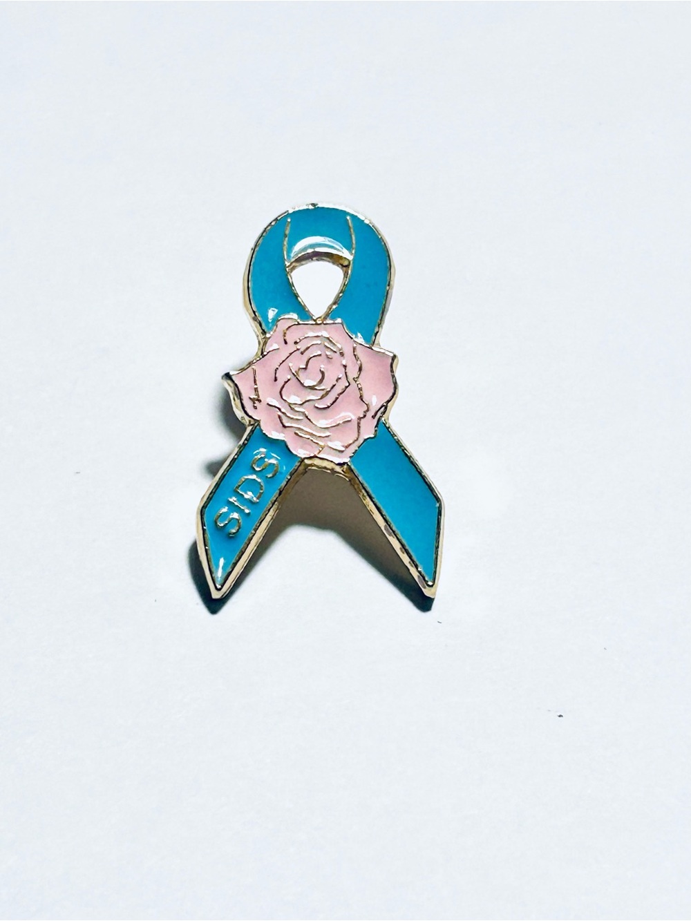 Teal Ribbon Pin with Pink Rose Accent - SIDS Awareness Lapel Pin